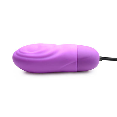 Purple rechargeable silicone bullet vibrator with textured ridges and attached control cord on white background.