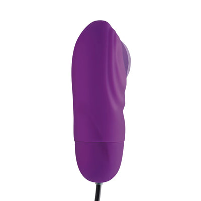 Purple silicone bullet vibrator with textured ridges and attached control bulb on a white background.