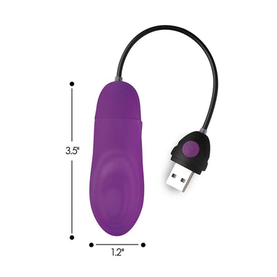 Purple silicone bullet vibrator with textured ridges, USB rechargeable with attached control button and cable, shown with dimensions.