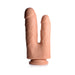 Dual silicone dildo with realistic texture and suction cup base in flesh tone, designed for versatile use.