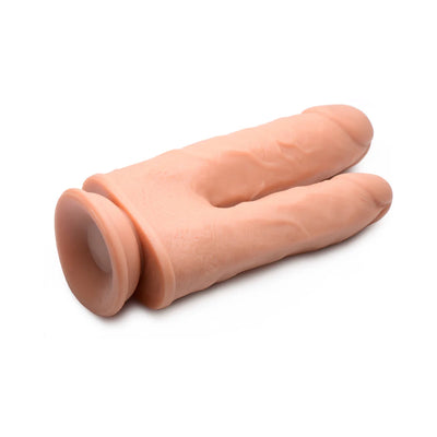 Dual silicone dildo with realistic texture and suction cup base, designed for vibrating and rotating pleasure with remote control.