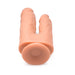 Dual silicone dildo with realistic texture and suction cup base in flesh tone, designed for versatile use.