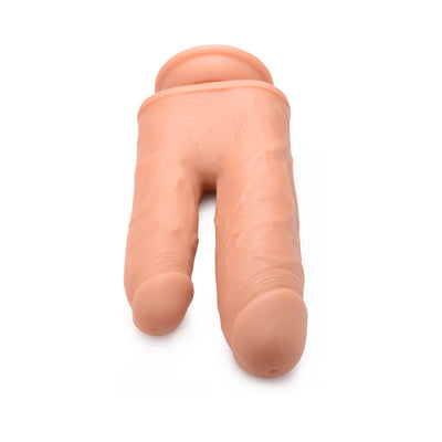 Dual silicone dildo with two realistic shafts in flesh tone, designed for vibrating and rotating pleasure.