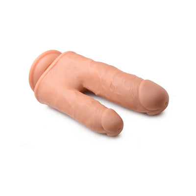 Realistic double-ended silicone dildo with two different sized shafts in natural skin tone on white background.