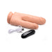 Realistic double-ended silicone dildo with suction base, wireless remote control, and USB charging cable on white background.