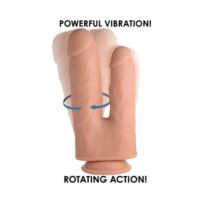Realistic double dildo in flesh tone with suction base, shown vibrating and rotating to highlight motion features.