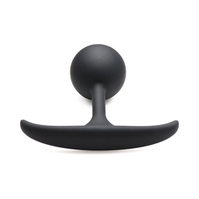 Small premium black silicone weighted anal plug with round bulb and slim base on white background.