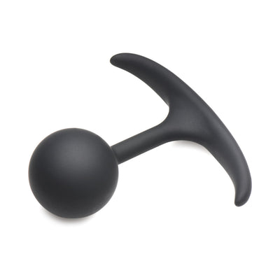 Small premium silicone weighted anal plug with round bulb and slim T-shaped base in black.