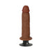 Realistic brown vibrating dildo with suction cup base and textured shaft for hands-free use.
