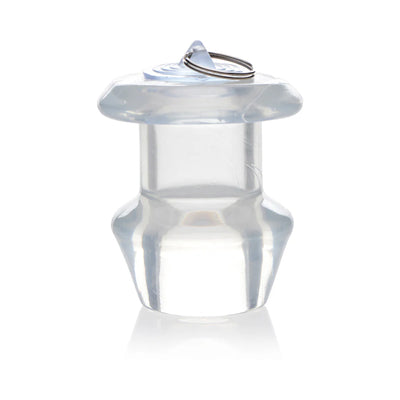 Transparent hollow anal dilator with removable plug and metal ring, made of firm flexible TPE.