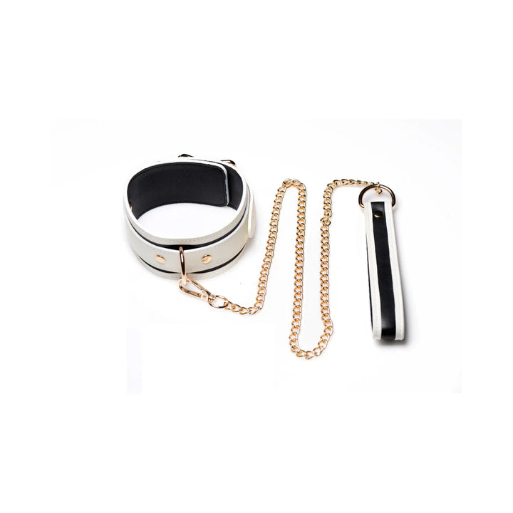 White PU leather collar with gold chain leash and matching handle, designed for adjustable fit and glowing effect.