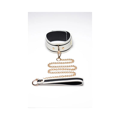 White PU leather collar with gold chain leash, black inner lining, and gold metal hardware on a white background.