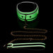 Glowing green PU leather collar with gold metal hardware and matching gold chain leash on black background.