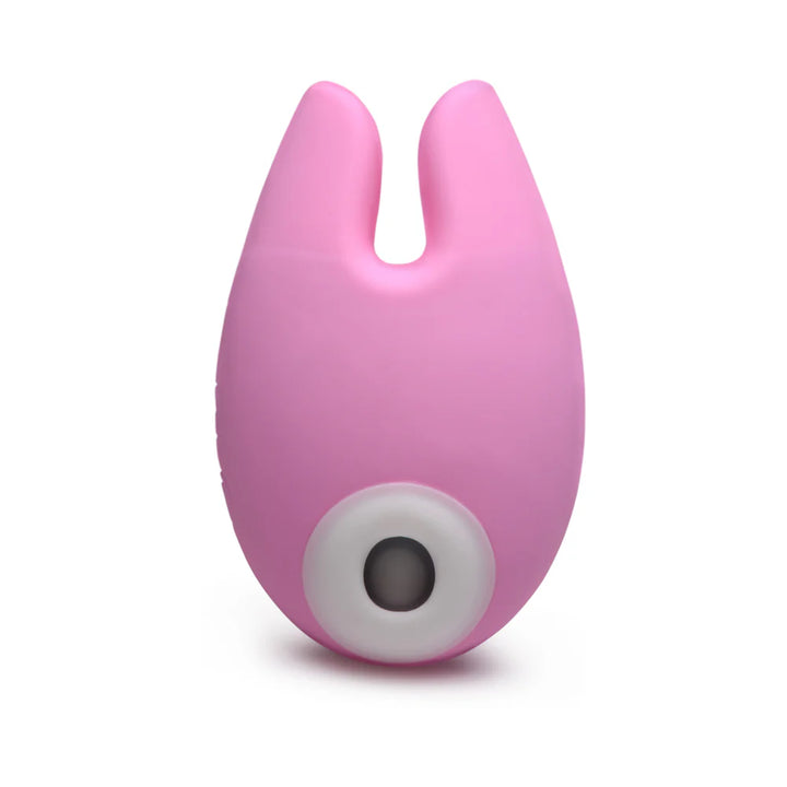 Pink silicone clitoral stimulator with dual bunny ear design and white suction opening on front.