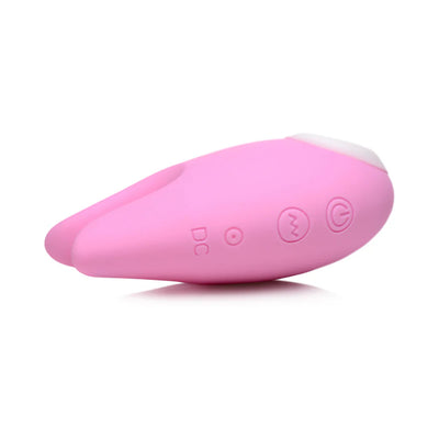 Pink silicone clitoral stimulator with dual bunny ears and control buttons on side, sleek ergonomic design.
