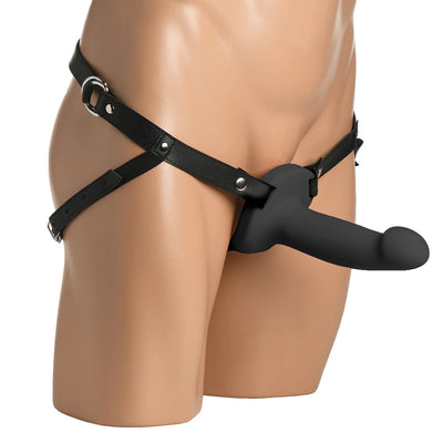 Black smooth silicone penis sheath with adjustable PU leather harness displayed on a mannequin torso.