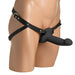 Black smooth silicone penis sheath with adjustable PU leather harness displayed on a mannequin torso.