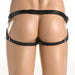 Back view of adjustable black PU leather harness straps designed for secure fit around waist and thighs.