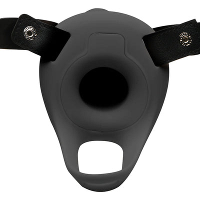 Black smooth silicone penis sheath with adjustable PU leather straps and metal buckles, designed for comfort and secure fit.