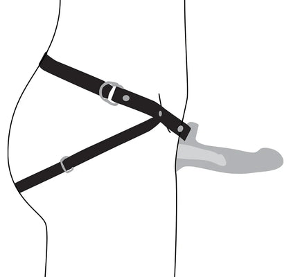 Illustration of a black adjustable PU leather harness with a smooth silicone penis sheath attached, shown on a side profile.