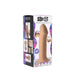 Packaging box of beige squeezable thick phallic dildo with flexible, harness compatible, and suction base features.