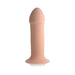 Beige squeezable thick phallic dildo with suction cup base, made from smooth, flexible silicone.