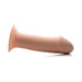 Beige squeezable dildo with suction cup base, smooth silicone texture, and flexible, thick design.