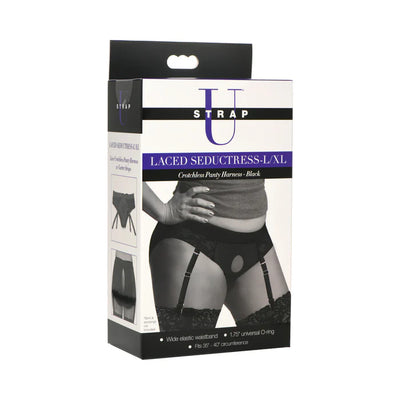 Packaging box for black laced crotchless panty harness with garter straps, size L/XL shown on model wearing stockings.