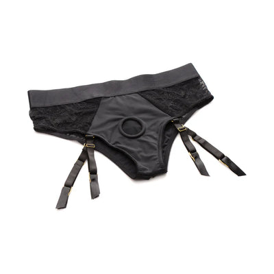 Black panty harness with lace sides, front O-ring, and adjustable garter straps for stockings.