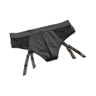 Black panty harness with lace sides and adjustable garter straps, designed for comfort and support with a front O-ring.