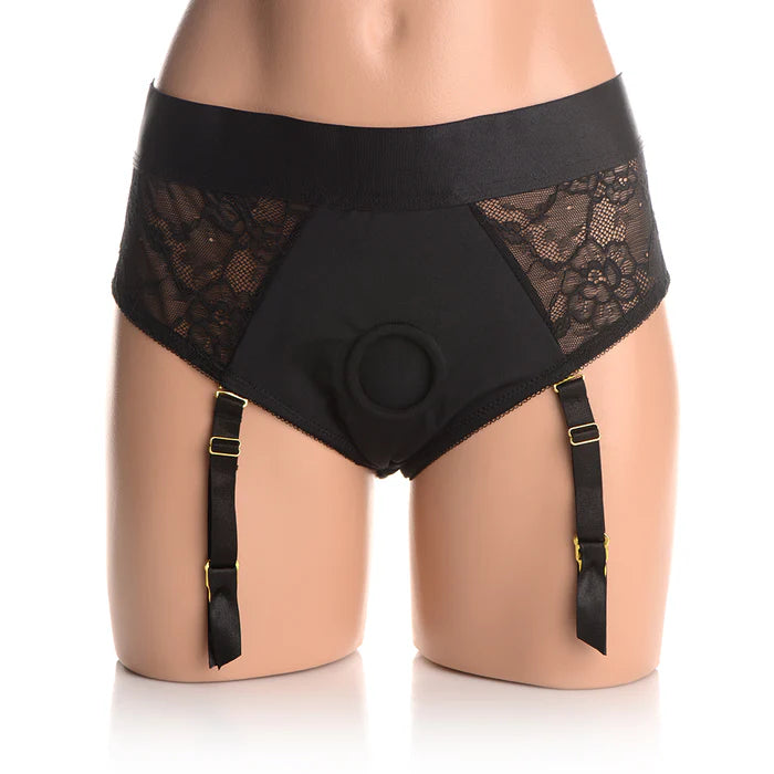Black panty harness with lace panels and adjustable garter straps, featuring a front O-ring for secure fit.
