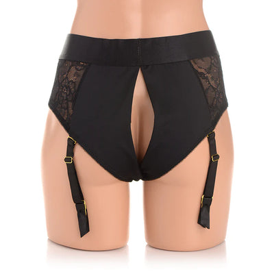 Black panty harness with lace panels and garter straps shown from the back on a mannequin.
