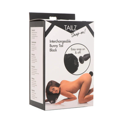 Packaging box for a black interchangeable bunny tail with easy snap-on feature and image of a woman posing on all fours.