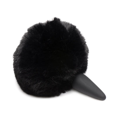 Black fluffy interchangeable bunny tail with a smooth silicone base for SnapOn Tailz anal plugs.