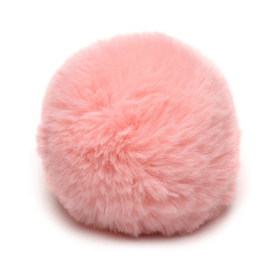 Soft pink fluffy interchangeable bunny tail accessory for SnapOn Tailz anal plugs, made of vegan polyester.