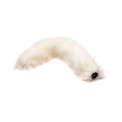 White faux fur fox tail with black snap attachment for interchangeable use, soft and fluffy texture.