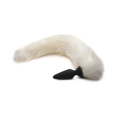 White faux fur fox tail attached to a black silicone plug, designed for interchangeable use and fantasy play.