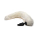 White faux fur fox tail attached to a black silicone plug, designed for interchangeable use and fantasy play.