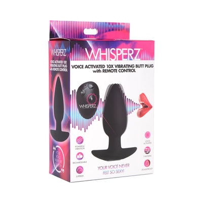 Whisperz voice activated vibrating black silicone butt plug with remote control shown in colorful retail packaging.