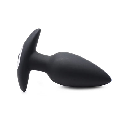 Black silicone vibrating butt plug with tapered tip and flared base, designed for voice and remote control activation.