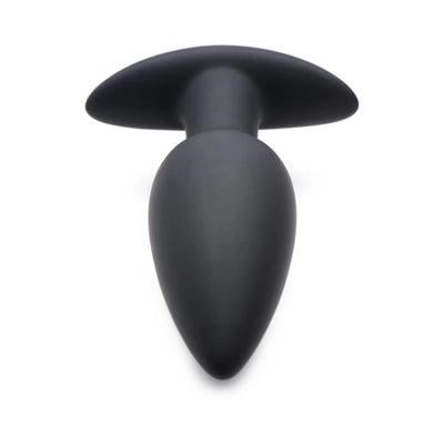 Black silicone tapered vibrating butt plug with flared base, designed for comfortable and secure wear.