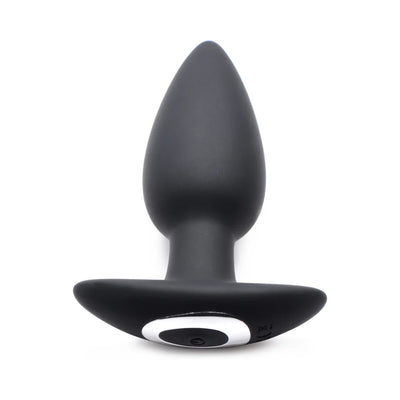 Black silicone tapered vibrating butt plug with flared base and power button, designed for voice-activated remote control.