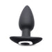 Black silicone tapered vibrating butt plug with flared base and power button, designed for voice-activated remote control.