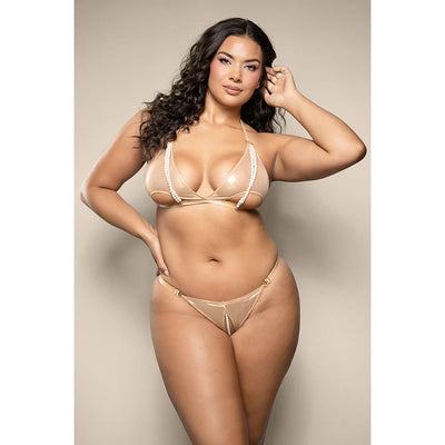 Fantasy Lingerie Opulence Foiled Mesh Cut-Out Pearl Halter Bralette & Crotchless Pearl Panty