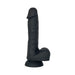 Black liquid silicone dildo with suction base and realistic texture, standing upright on a white background.