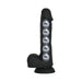 Black liquid silicone dildo with visible steel motion balls inside and suction cup base for hands-free use.