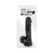 Black liquid silicone suction dildo with steel motion balls, displayed in clear packaging on white background.