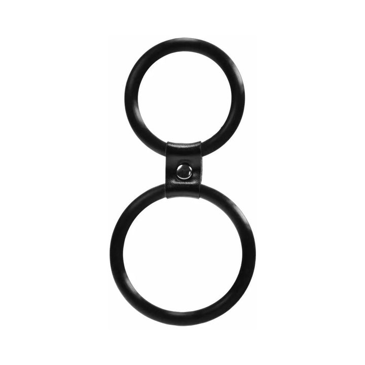 Black dual ring cock ring with two connected circular bands and a small metal rivet detail.