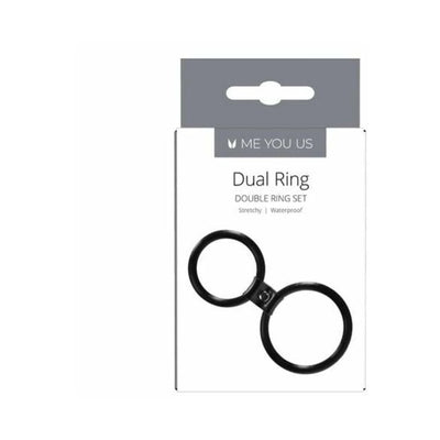 Black dual ring cock ring set in minimalist white and gray packaging labeled Me You Us, stretchy and waterproof design.
