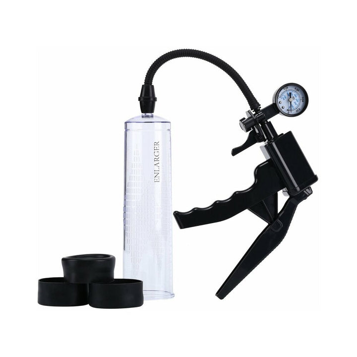 Me You Us X Factor transparent penis pump with black hand pump, pressure gauge, and three black silicone sleeves.